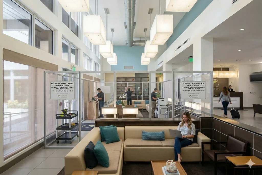 Hotel lobby with partitioned renovation area and guest using a laptop in the lounge.