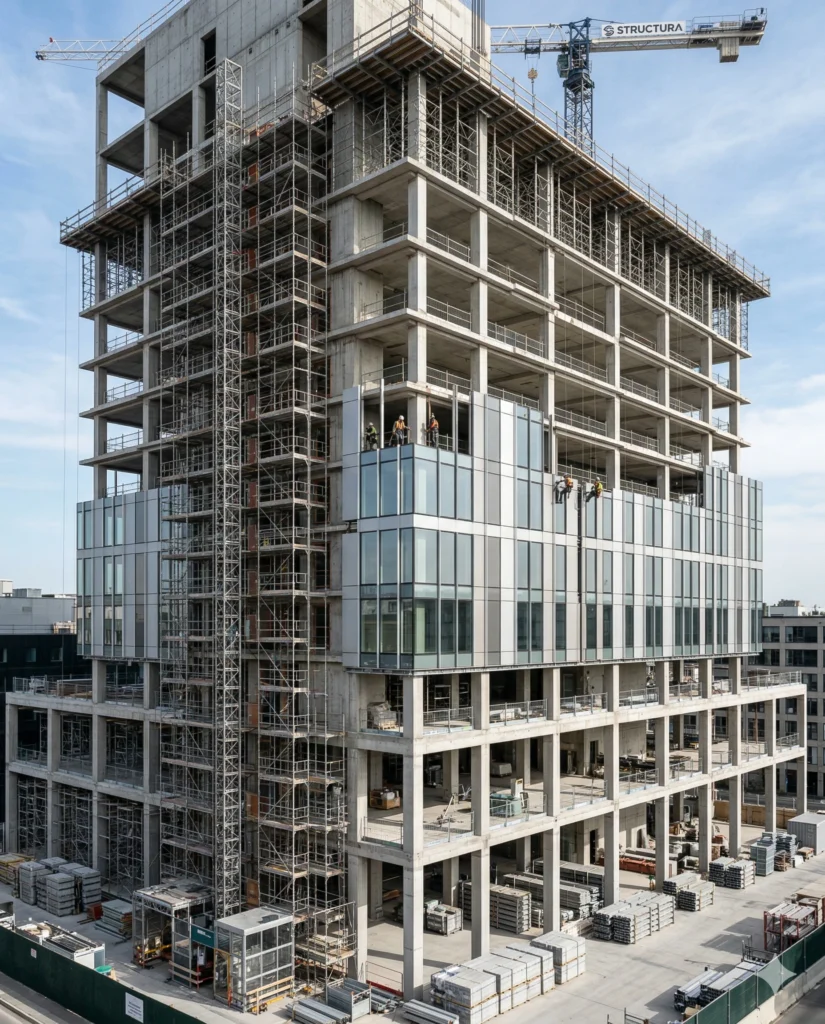 Skyscraper under construction with tower crane and glass curtain wall installation.