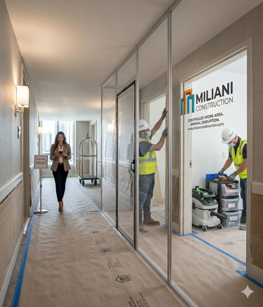 Hotel hallway with clear renovation screen and workers inside the enclosure.