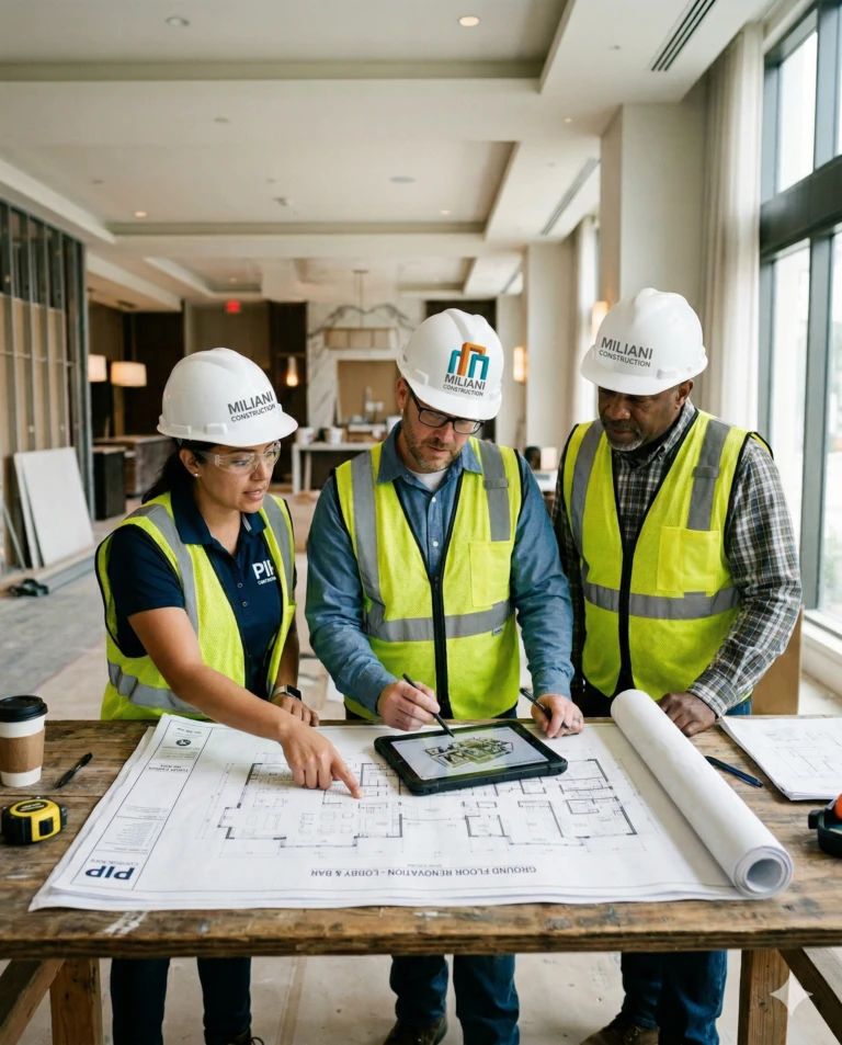 Construction team reviewing blueprints and a 3D model for lobby and bar renovation.