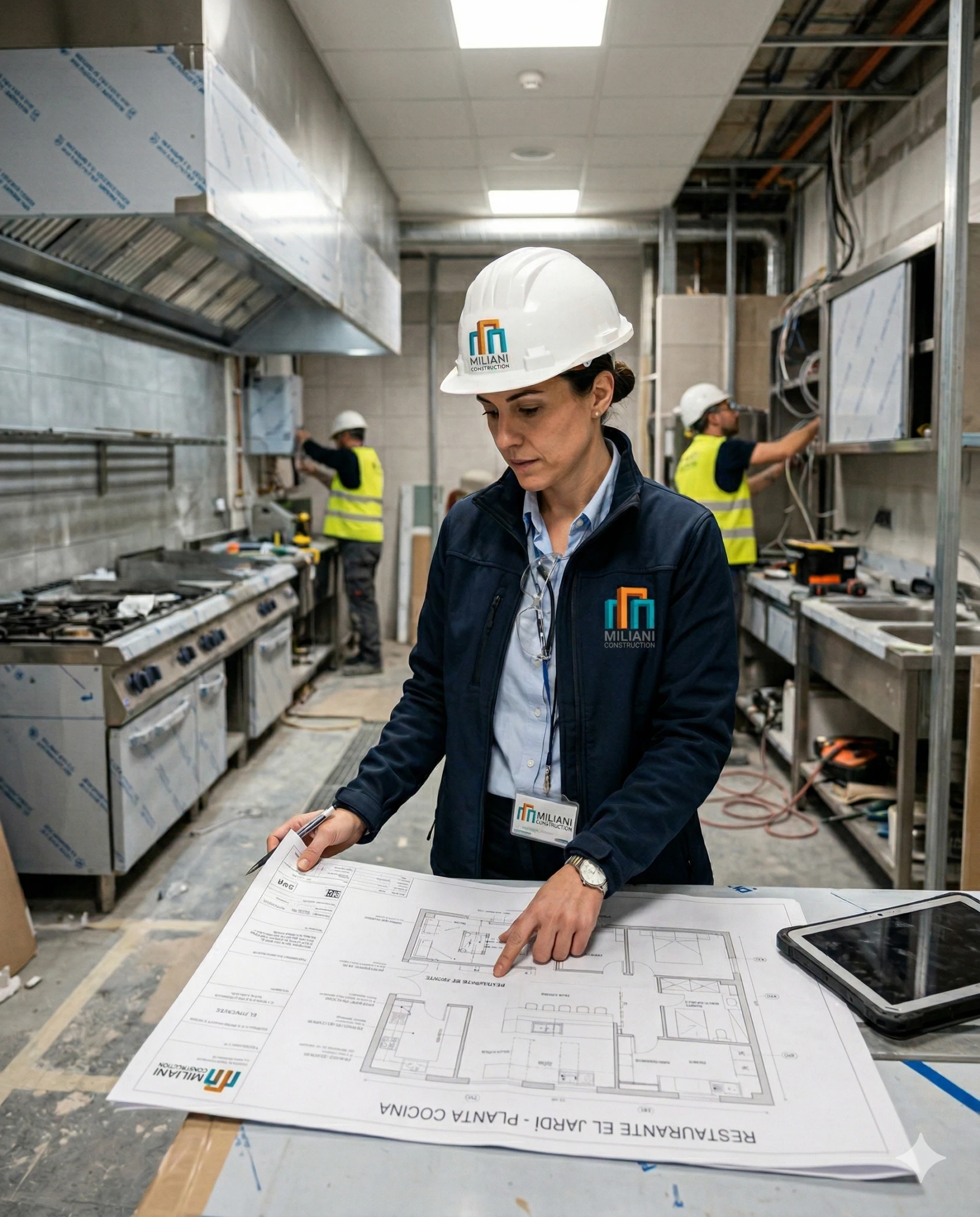 Engineer reviewing restaurant kitchen floor plans on a commercial job site.